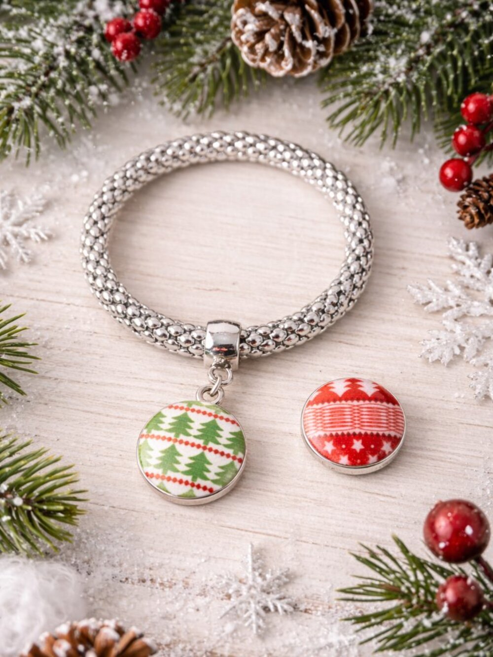 Christmas Snap Bracelet Silver Stretch Bead Interchangeable Charm Holiday